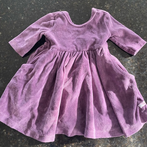RUFFLEBUTTS VINTAGE VIOLET VELOUR 3/4 SLEEVE TWIRL DRESS - Picture 4 of 6